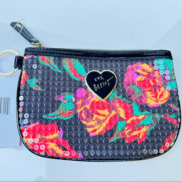 Betsey Johnson Rosey Black Red  Top Zip Coin Wallet Sequins BB11565 - Picture 2 of 12